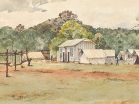Watercolor painting of a bush camp with tents and a small shack