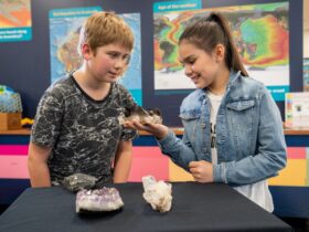 A pre-teen girl holds a cluster of dark crystals in her hand while a pre-teen boy looks at them.