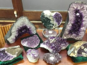 Crystals displayed on a table