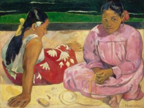 A colourful painting of two women sitting next to each other