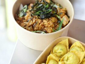 Fried rice and wontons in takeaway containers