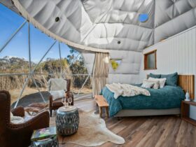 Banjos Camp dome interior showcasing king-size bed and view