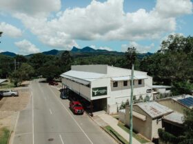 Drone shot of hotel with Mt Warning in background