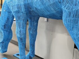Big Blue horse sculpture made of baling twine