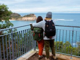 A couple at a lookout on Bouddi costal walk admiring ocean views. Photo: Jared Lyons © DPE