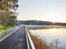 Boardwalk on left and Lake Inverell on right