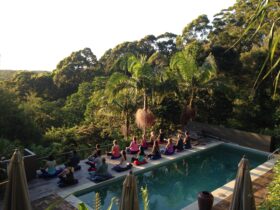 Meditation Class by the pool overlooking the coastal heath and ocean