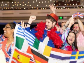 People celebrating Eurovision in costume in Hurstville New South Wales