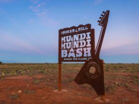 The sign for the Broken Hill Mundi Mundi Bash with a guitar sits infront of the Mundi Mundi Plains