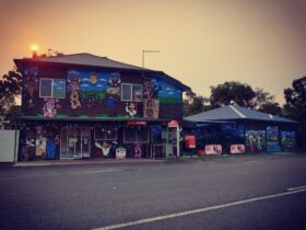 General Store front displaying beautiful cow murals