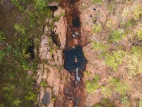 Aerial view of woman swimming at Buley Rockhole in Litchfield National Park