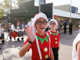Two children dressed as elves happily wave at the camera, spreading holiday cheer.