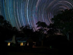 night sky captured with small building in foreground in bushland setting
