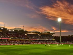 Test match cricket at Adelaide Oval with a colourful sunset