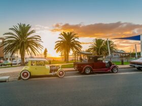 Cars parked at Christies Beach looking at sunset