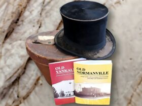 Staged photo featuring the Old Normanville & Old Yankalilla historic guides with old top hat