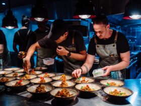 The kitchen team plating up