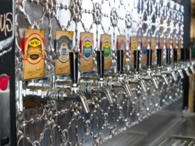 Beer taps with pressed metal background