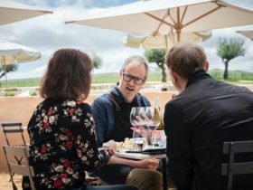 A member of the tasting room team takes visitors through a wine flight