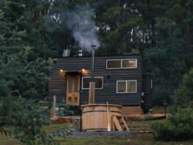 Our Ceder tiny house has a wood fired hot tub