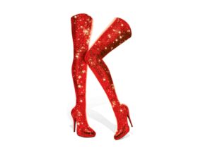 A pair of red over-knee high heel boots form the letter 'K"