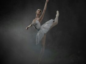A ballet dancer in a tutu poses in mist