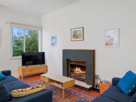 Lounge room with an open fireplace and two comfortable couches. Television beside window