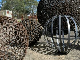 Steel spheres made from various reclaimed items, railway pegs, steel rings,horse shoes etc