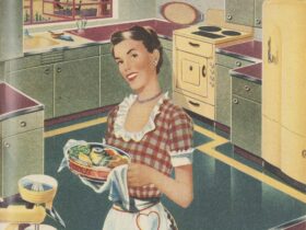 Illustration of a smiling woman in her kitchen. She is wearing a gingham dress and apron.