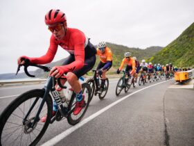 A group of cyclists race along the Great Ocean Road