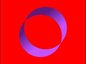 two purple cresents facing each other against a red background