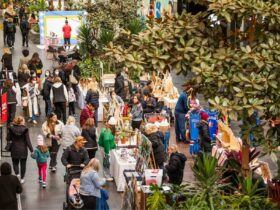 Birds eye view of stalls and customers at The District Makers Market