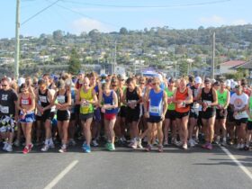 Runners at the start line of the Rosebud Fun Run