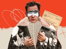 A collage-style image showing a fashion model in a bomber jacket and historial war clothing