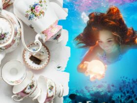 A Mermaide with a glowing ball is underwater, on the left is some High Tea Chinaware