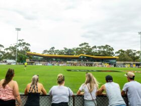 people standing at fence watching football at Chirnside Park