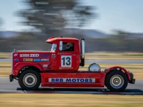 Red truck racing at Winton Motor Raceway