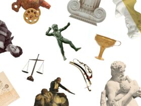 A collage of Greek artefacts such as statues, paintings and documents on a white background