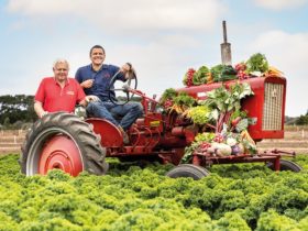 Barry and Richard with vegie tractor