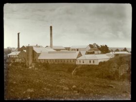 Exterior view of buildings at the the Barwon Paper Mill which opended in 1876, Fyansford, Geelong
