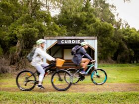 A man and a lady riding an ebike and a mountain bike along the Camperdown to Timboon Rail Trail
