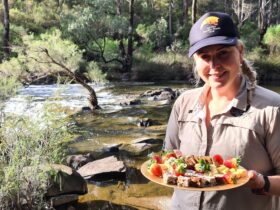 gourmet morning tea platter with smiling friendly guide and river in background