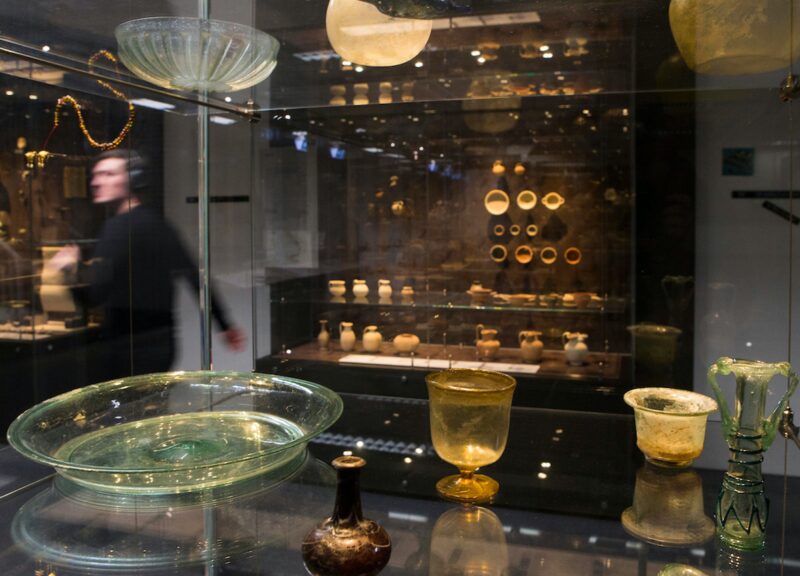 Glass display cabinets with glass, ceramic and other intersting artefacts