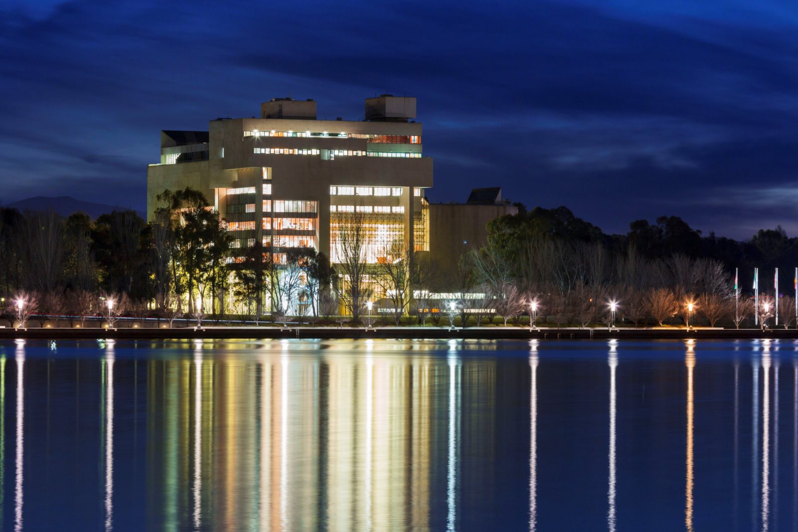 High Court of Australia at night from across Lake Burley Griffin
