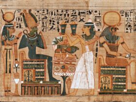Detail of scroll depicting four Egyptian figures with hieroglyphics running along the top section