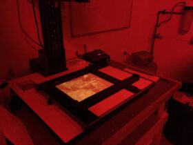 A photograph of a darkroom easel with a photograph on it