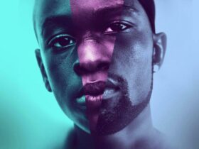 Promotional image from Moonlight showing a man's face overlaid with shades of purple and green