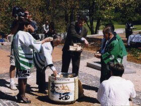 Sake tasting at the opening of Nara Park, Canberra, 1999