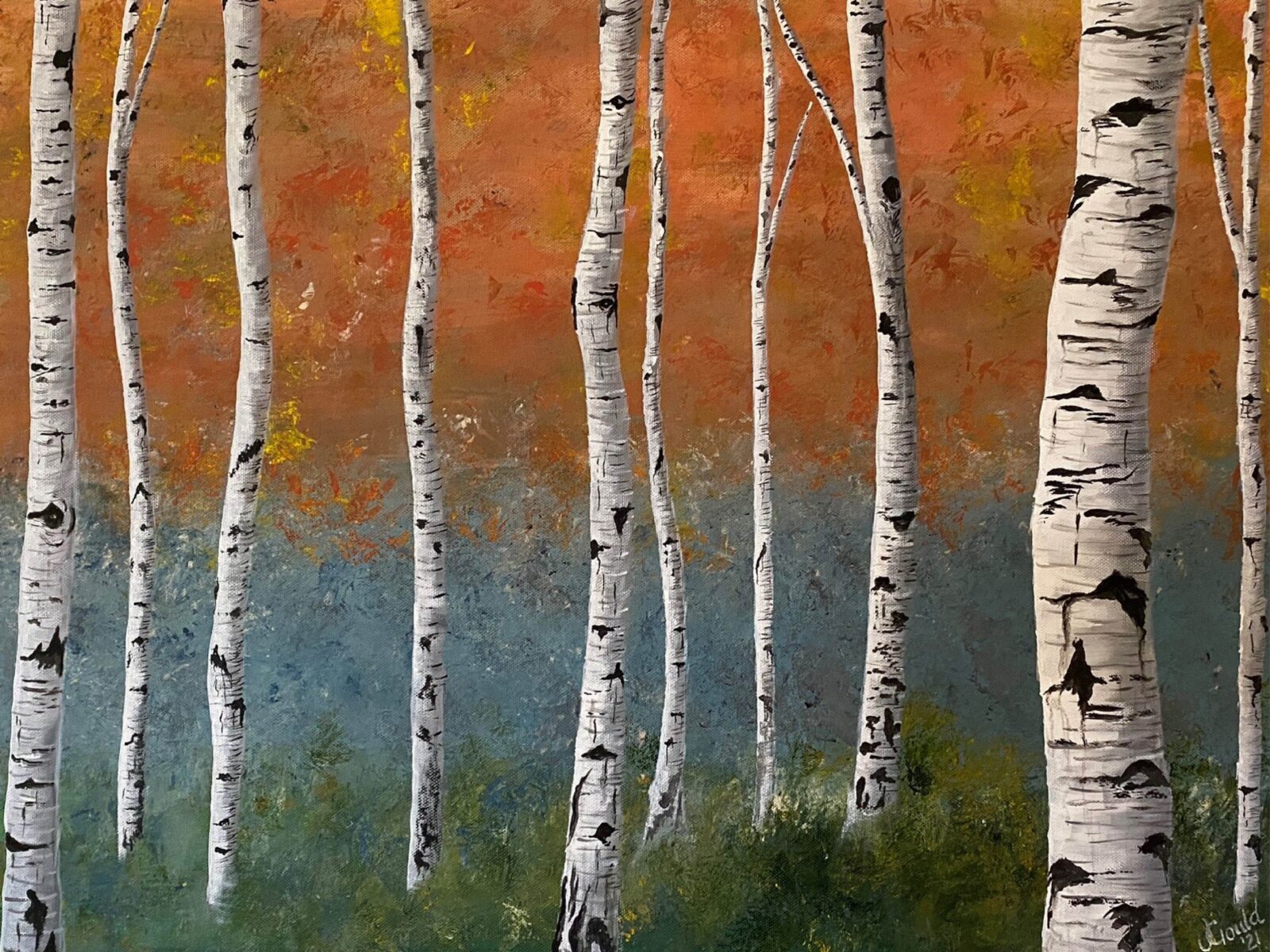 Oil painting of white birch trees on an orange and grey hazy background