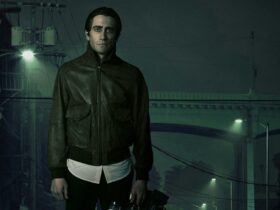 Still from Nightcrawler showing a man standing outside at night